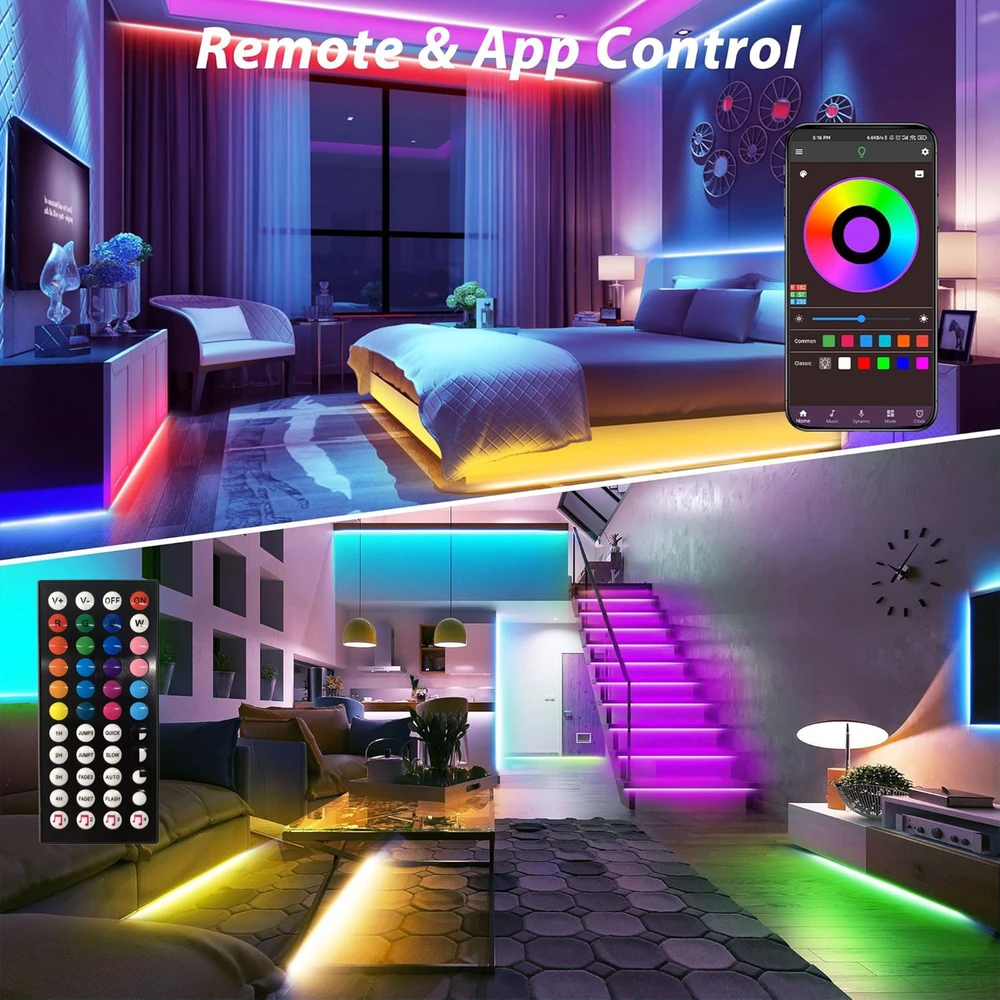 10 m RGB LED juostelė su „Bluetooth“ ir pulteliu, LED juosta su nuotoliniu valdymu, spalvota LED lemputių juostelė