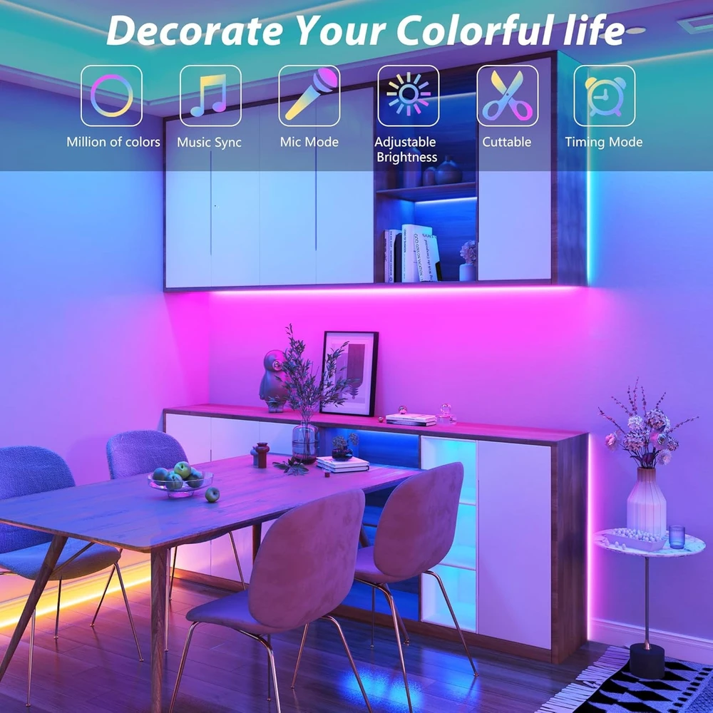 10 m RGB LED juostelė su „Bluetooth“ ir pulteliu, LED juosta su nuotoliniu valdymu, spalvota LED lemputių juostelė
