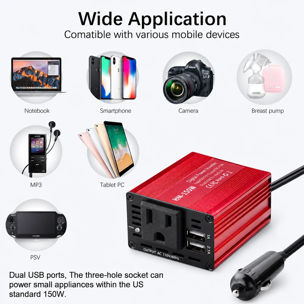 12 V į 220 V automobilinis maitinimo keitiklis 150 W, DC į AC konverteris, 1 kintamosios srovės lizdas, dvigubas USB automobilinis įkroviklis adapteris, automobilinis įtampos keitiklis, 12 V į 220 V inverteris
