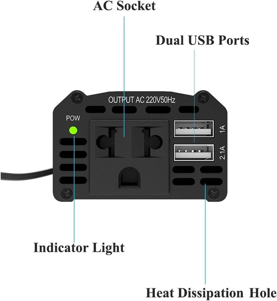 12 V į 220 V automobilinis maitinimo keitiklis 150 W, DC į AC konverteris, 1 kintamosios srovės lizdas, dvigubas USB automobilinis įkroviklis adapteris, automobilinis įtampos keitiklis, 12 V į 220 V inverteris
