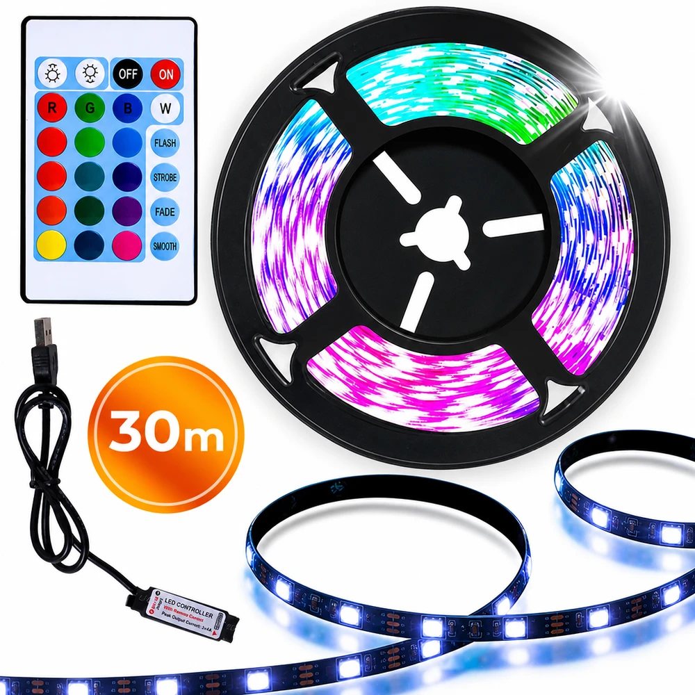 30 m RGB LED juostelė USB, su distanciniu pulteliu, LED šviesos juosta, LED lemputių juostelė, spalvota LED juosta, RGB šviesos juostelė