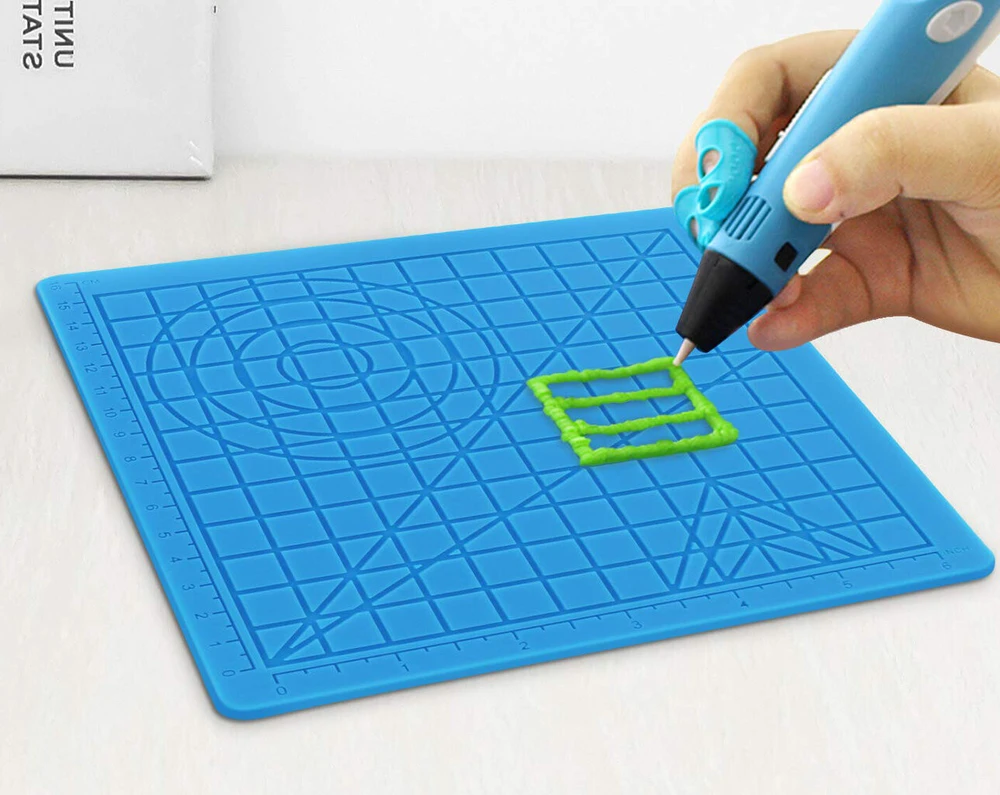 3D rašiklio kilimėlis 177x177 mm, mėlynas, karščiui atsparus silikoninis kilimėlis su 2 pirštų apsaugomis, 3D piešimo kilimėlis, silikoninis 3D rašiklio pagrindas, 3D rašiklio apsauginis kilimėlis