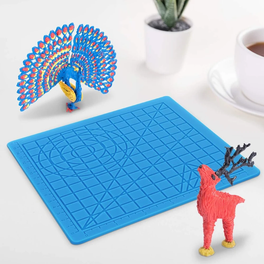 3D rašiklio kilimėlis 177x177 mm, mėlynas, karščiui atsparus silikoninis kilimėlis su 2 pirštų apsaugomis, 3D piešimo kilimėlis, silikoninis 3D rašiklio pagrindas, 3D rašiklio apsauginis kilimėlis