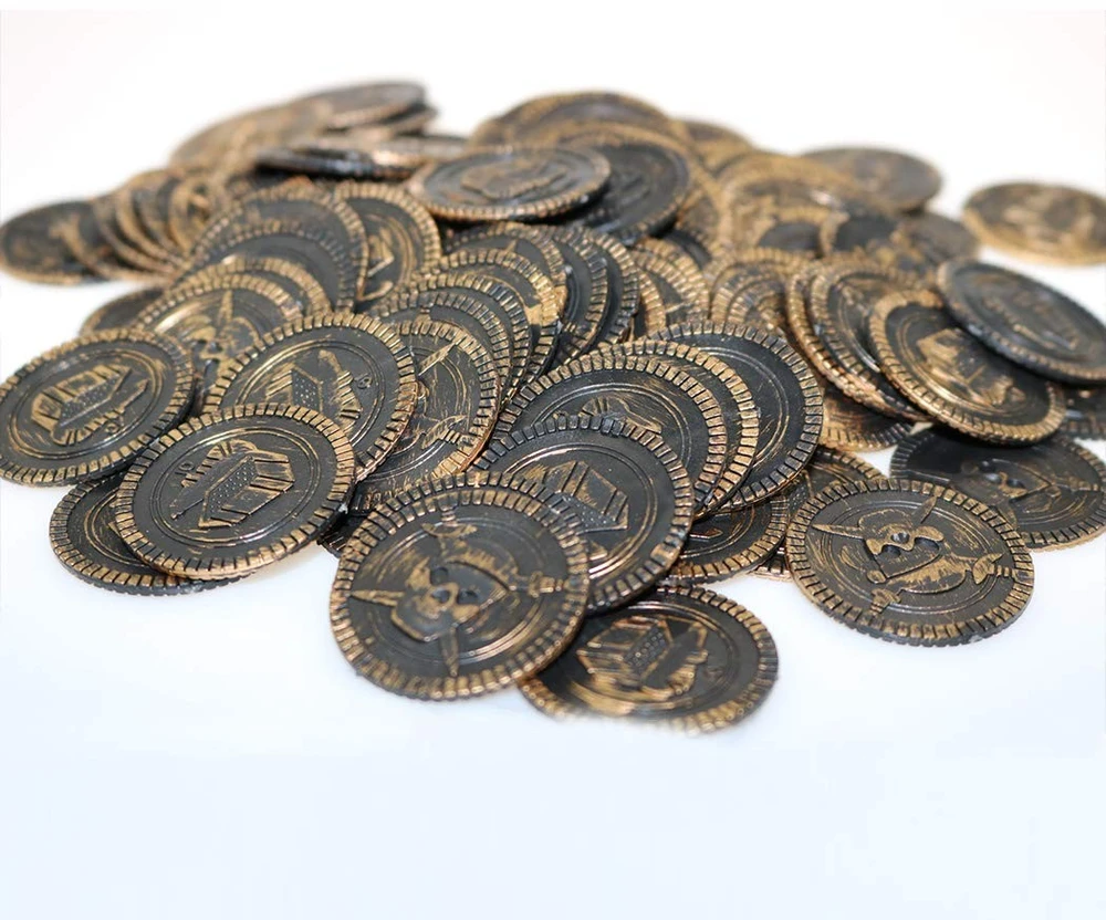 40 vnt. didelių piratų monetų rinkinys vaikams ir suaugusiems – puikiai tinka žaidimams vakarėliuose, užduotims, dekoracijoms, lobių paieškoms, auksinės monetos, piratų pinigai, žaidimų monetos