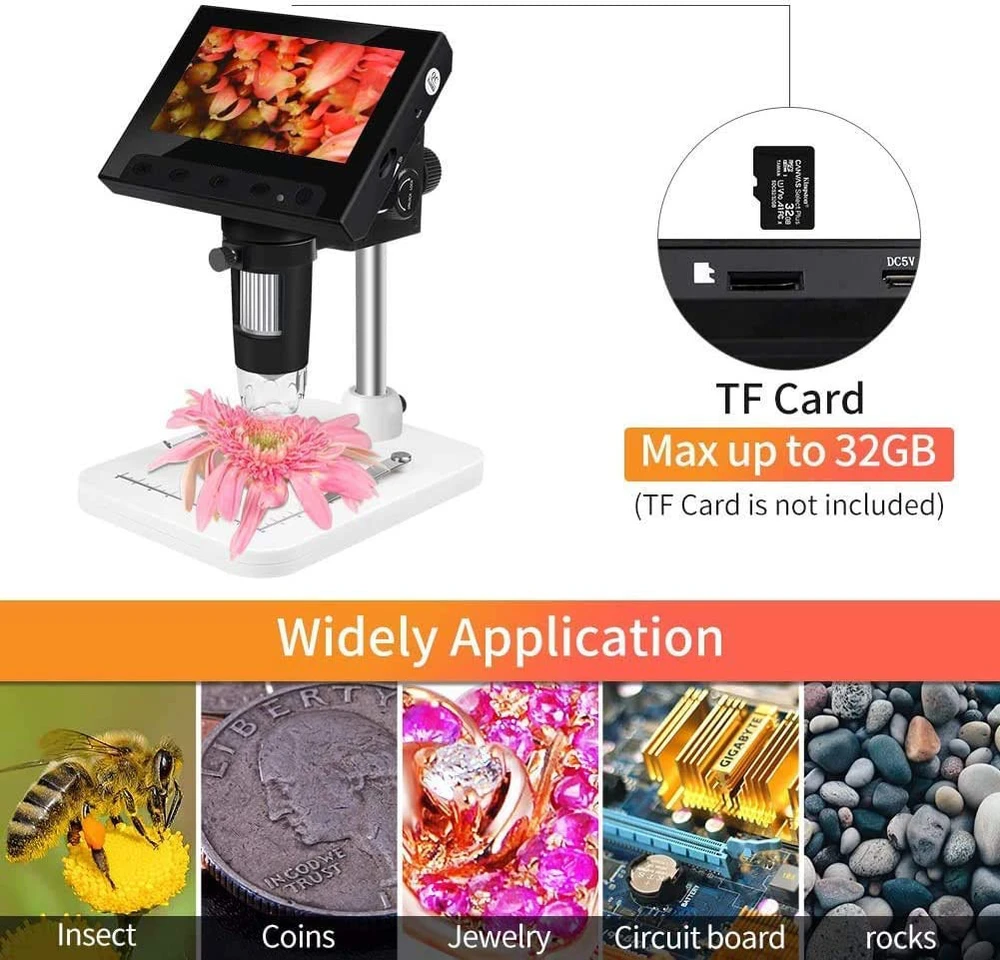 4,3" skaitmeninis LCD mikroskopas 50x–1000x didinimas su ekranu, skaitmeninis mikroskopas su ekranu, LCD ekraninis mikroskopas