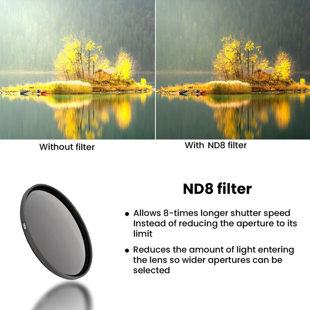 49 mm ND8 filtras, neutraliojo tankio filtras ND8, 3 žingsnių ND filtras, pilkasis ND8 filtras, 3 stopų neutraliojo tankio filtras