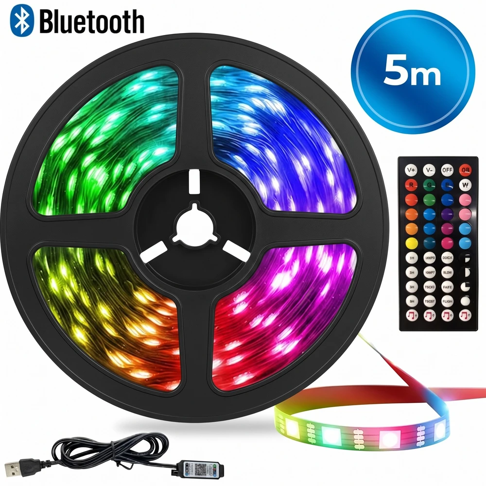 5 m RGB LED juostelės su „Bluetooth“ valdymu ir pulteliu, LED šviesos juosta, LED lemputių juosta, LED švieselių juostelė, RGB šviesos juostelė