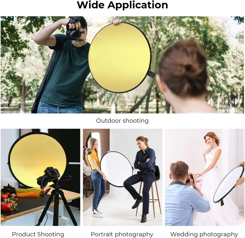 80 cm sulankstomas apvalus dvipusis fotografavimo reflektorius su auksiniu ir sidabriniu paviršiais ir nešiojimo dėklu studijos apšvietimui ir lauko fotografijai, šviesos atšvaitas fotografijai, fotografavimo atšvaitas, foto reflektorius, apvalus fotografijos atšvaitas