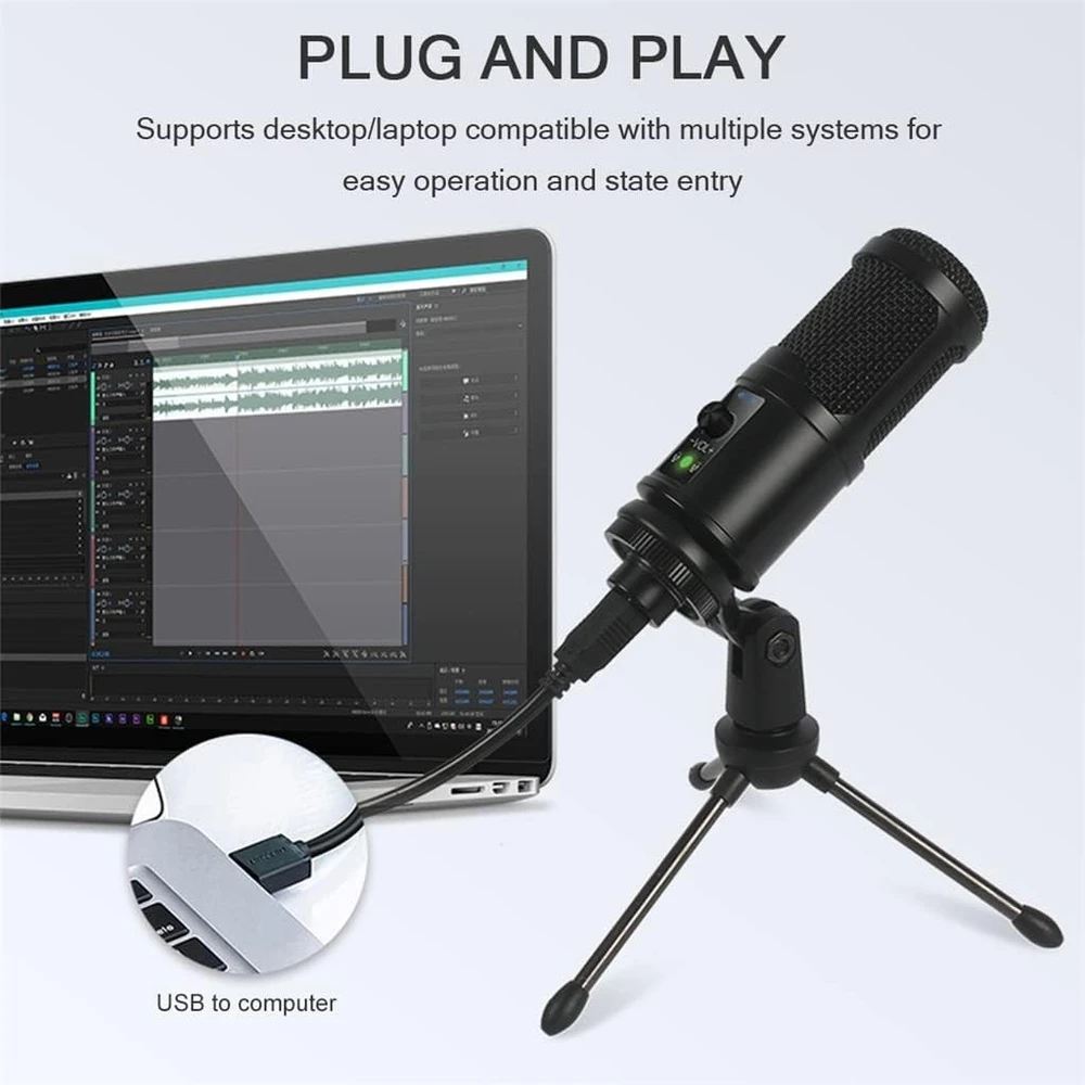 Aukštos kokybės USB kondensatorinis mikrofono rinkinys su trikojo stovu, USB mikrofonas, kondensatorinis mikrofonas, mikrofonas su stovu, mikrofono komplektas