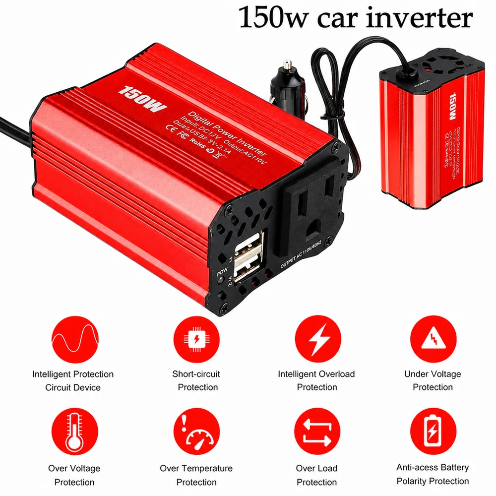 Automobilinis maitinimo keitiklis, 150 W, 12 V į 220 V keitiklis, automobilinis įtampos keitiklis, automobilinis inverteris, 12V–220V automobilinis keitiklis