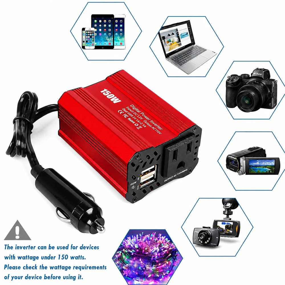 Automobilinis maitinimo keitiklis, 150 W, 12 V į 220 V keitiklis, automobilinis įtampos keitiklis, automobilinis inverteris, 12V–220V automobilinis keitiklis