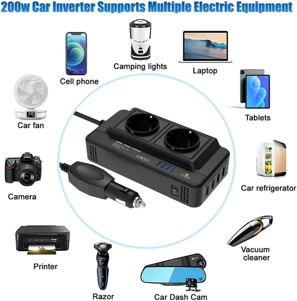Automobilinis maitinimo keitiklis, 200 W, 12V į 220V keitiklis, automobilinis įtampos keitiklis, automobilinis inverteris, 12V į 220V automobilinis inverteris