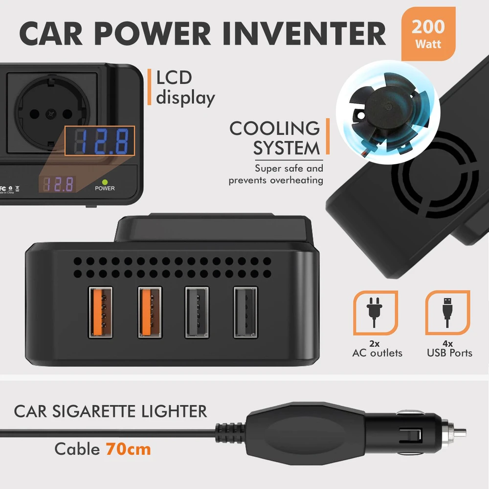 Automobilinis maitinimo keitiklis, 200 W, 12V į 220V keitiklis, automobilinis įtampos keitiklis, automobilinis inverteris, 12V į 220V automobilinis inverteris