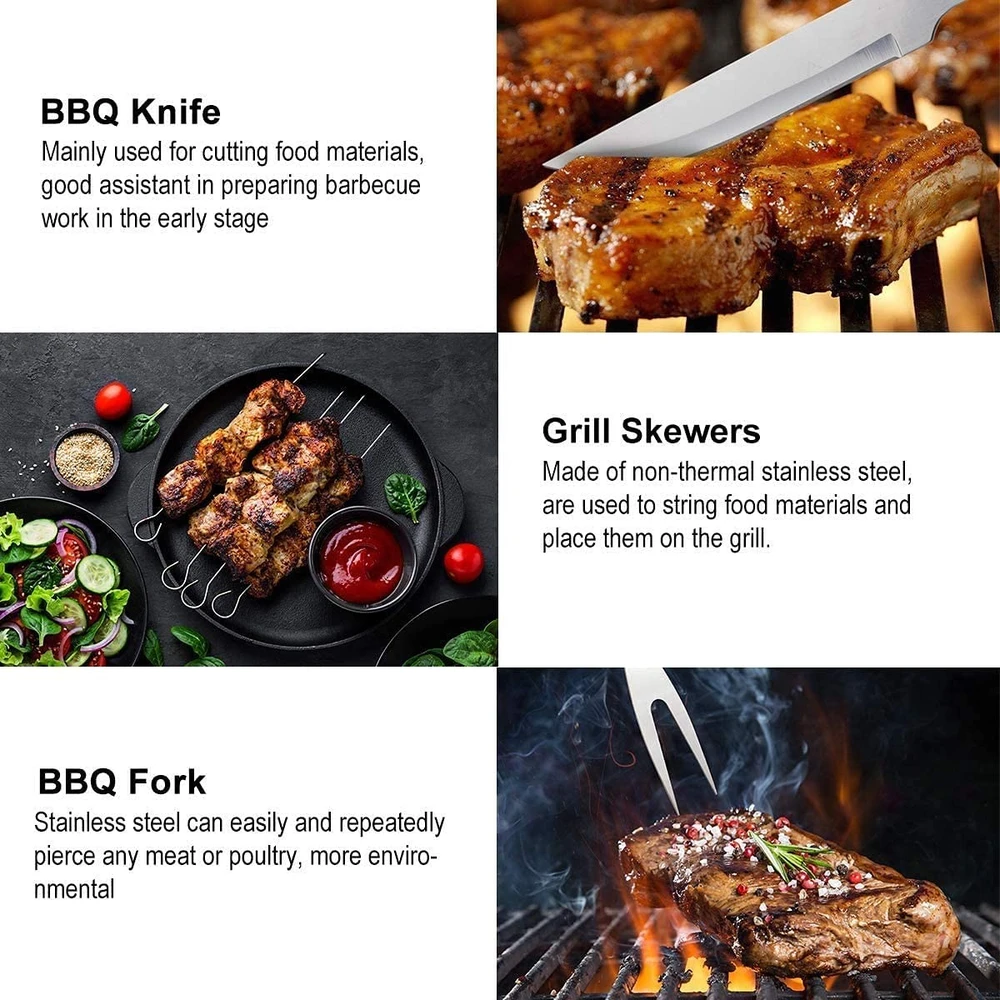 Barbekiu įrankiai 9 vnt., kepsninės įrankių rinkinys, grilio įrankių komplektas, grilio iešmeliai