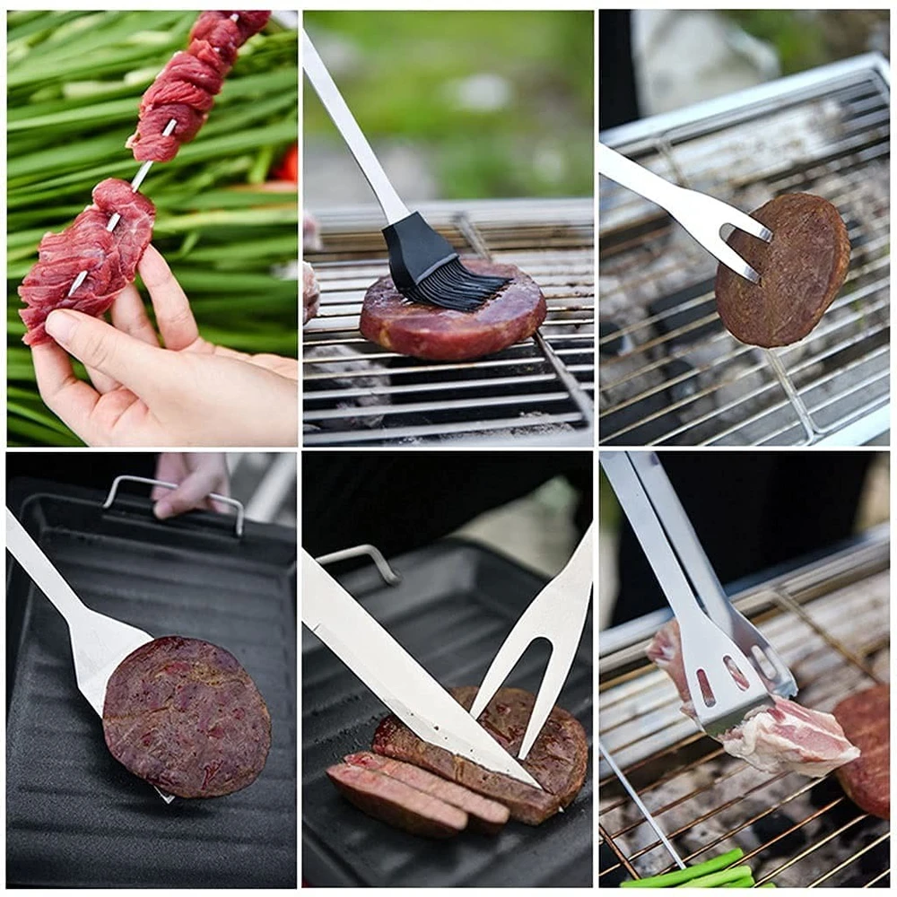 Barbekiu įrankiai 9 vnt., kepsninės įrankių rinkinys, grilio įrankių komplektas, grilio iešmeliai