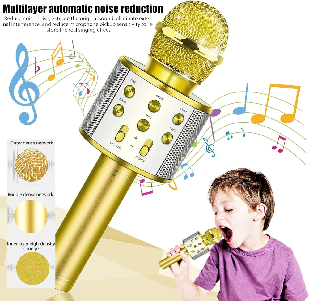 Belaidis auksinis karaokės mikrofonas, vaikų karaokės mikrofonas, „Bluetooth“ karaokės mikrofonas, karaokės mikrofonas vaikams, belaidis karaokės mikrofonas, auksinis karaoke mikrofonas