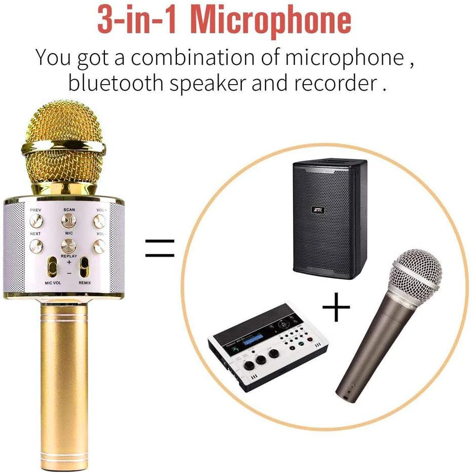 Belaidis auksinis karaokės mikrofonas, vaikų karaokės mikrofonas, „Bluetooth“ karaokės mikrofonas, karaokės mikrofonas vaikams, belaidis karaokės mikrofonas, auksinis karaoke mikrofonas