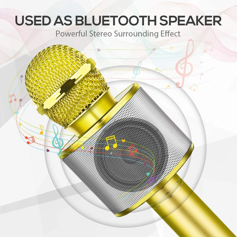 Belaidis auksinis karaokės mikrofonas, vaikų karaokės mikrofonas, „Bluetooth“ karaokės mikrofonas, karaokės mikrofonas vaikams, belaidis karaokės mikrofonas, auksinis karaoke mikrofonas