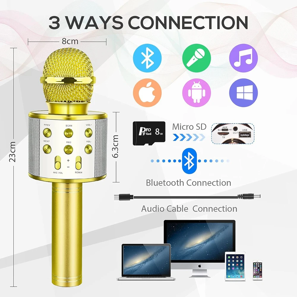 Belaidis auksinis karaokės mikrofonas, vaikų karaokės mikrofonas, „Bluetooth“ karaokės mikrofonas, karaokės mikrofonas vaikams, belaidis karaokės mikrofonas, auksinis karaoke mikrofonas