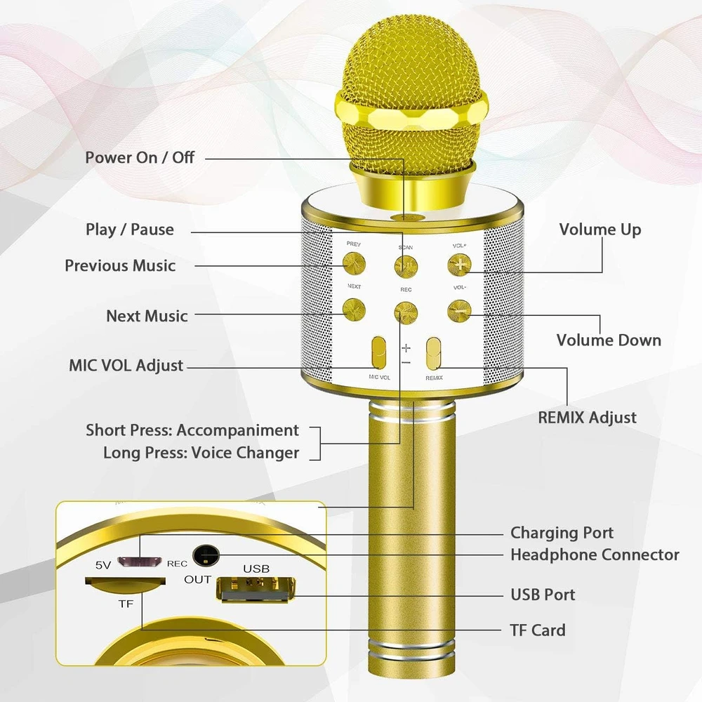 Belaidis auksinis karaokės mikrofonas, vaikų karaokės mikrofonas, „Bluetooth“ karaokės mikrofonas, karaokės mikrofonas vaikams, belaidis karaokės mikrofonas, auksinis karaoke mikrofonas