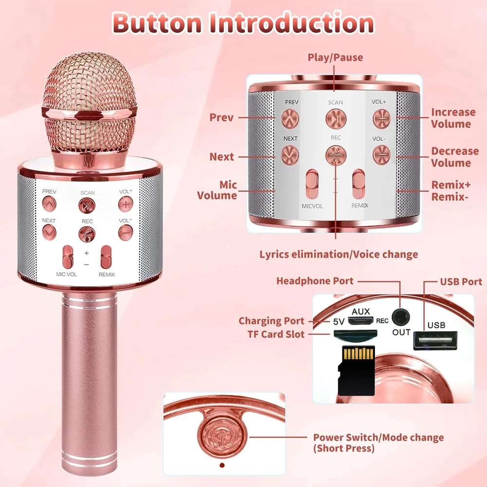 Belaidis rožinis karaokės mikrofonas, vaikų karaokės mikrofonas, „Bluetooth“ karaokės mikrofonas, belaidis mikrofonas vaikams, karaokės mikrofonas vaikams, rožinis mikrofonas karaokei