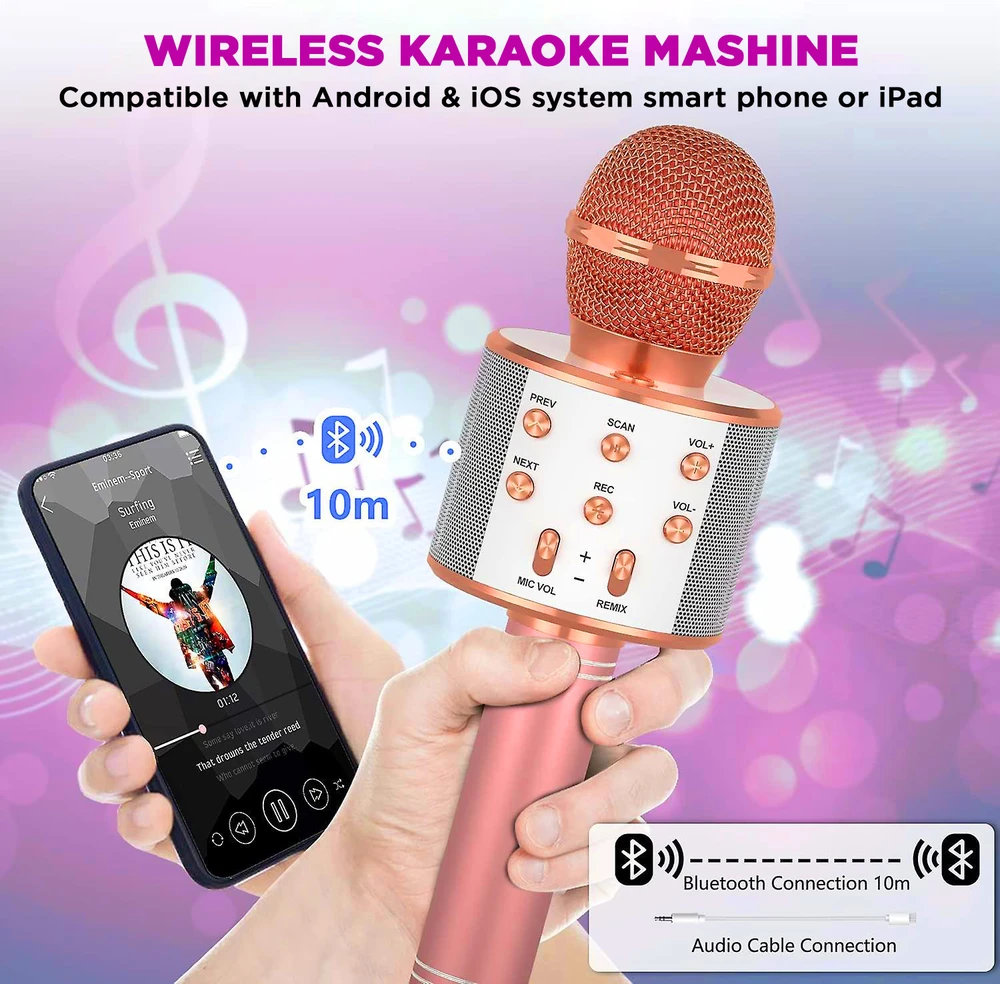 Belaidis rožinis karaokės mikrofonas, vaikų karaokės mikrofonas, „Bluetooth“ karaokės mikrofonas, belaidis mikrofonas vaikams, karaokės mikrofonas vaikams, rožinis mikrofonas karaokei