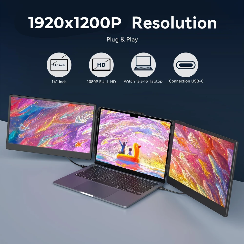 Dvigubas nešiojamojo kompiuterio monitorius 14 colių 1920x1200, ekranas 13,3–16 colių nešiojamiesiems kompiuteriams, 2 ekranai, papildomas nešiojamojo kompiuterio ekranas, išplečiamas laptopo ekranas, šoninis laptopo monitorius