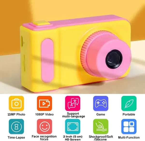 HD vaizdo geltona vaikų kamera, vaikų skaitmeninis fotoaparatas, mini vaikų kamera, vaikiška geltona kamera, vaikams skirta kamera