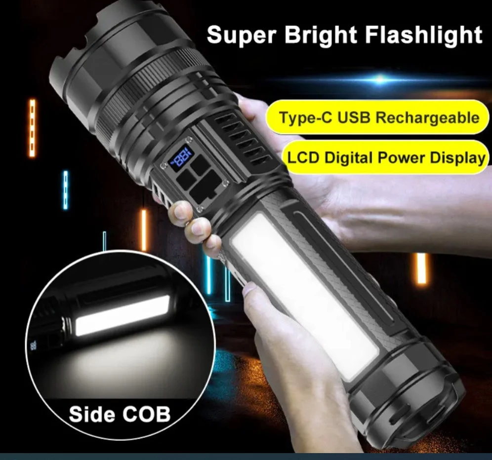 Įkraunamas LED žibintuvėlis, didelis (27 cm) 15000 liumenų, itin ilgo veikimo, prožektorius, rankinis žibintas, LED šviesos žibintuvėlis