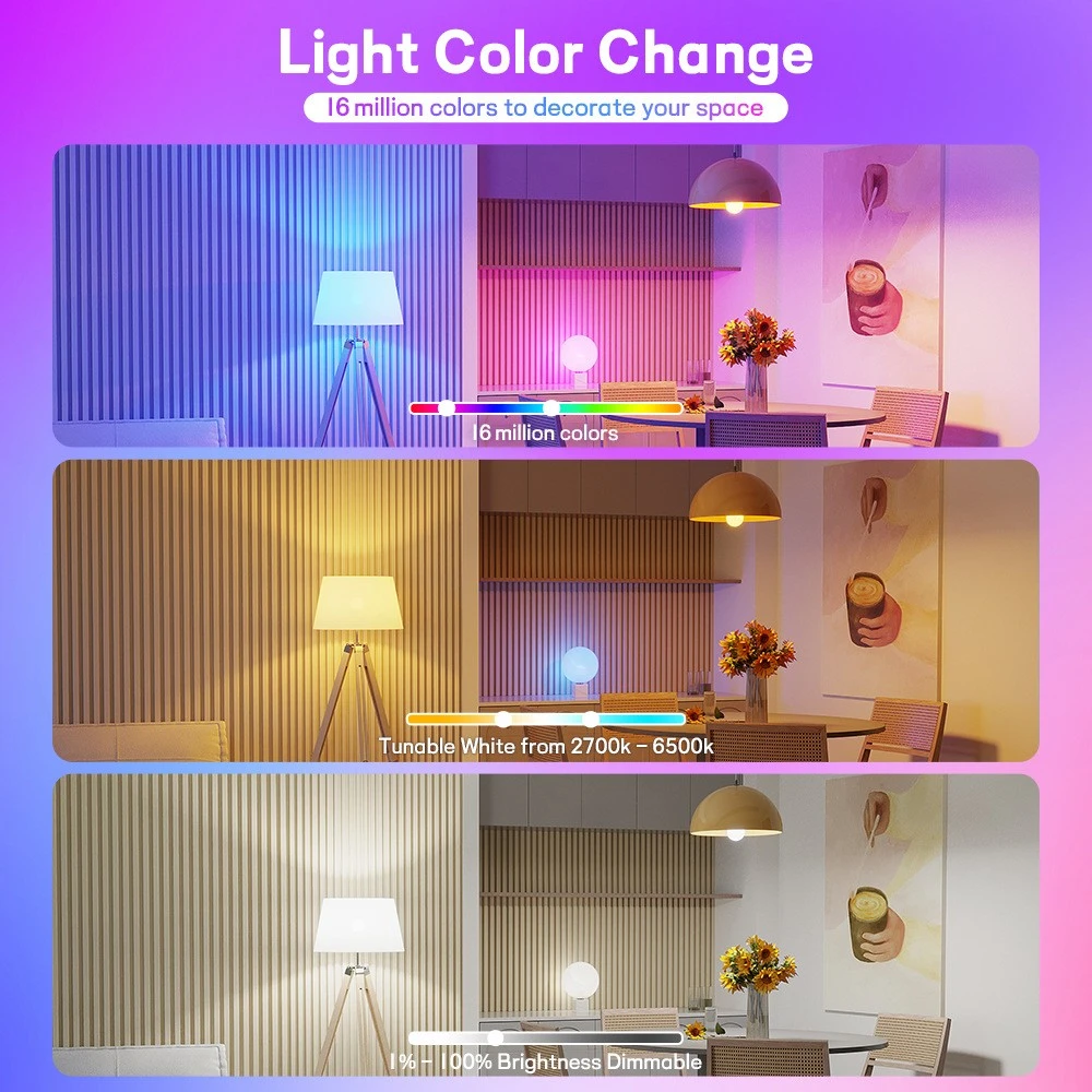 Išmani RGB lemputė su „WiFi“ ir „Bluetooth“ E27 10W, išmanioji spalvota lemputė, RGB šviesos lemputė, E27 10W lemputė su „WiFi“ ir „Bluetooth“