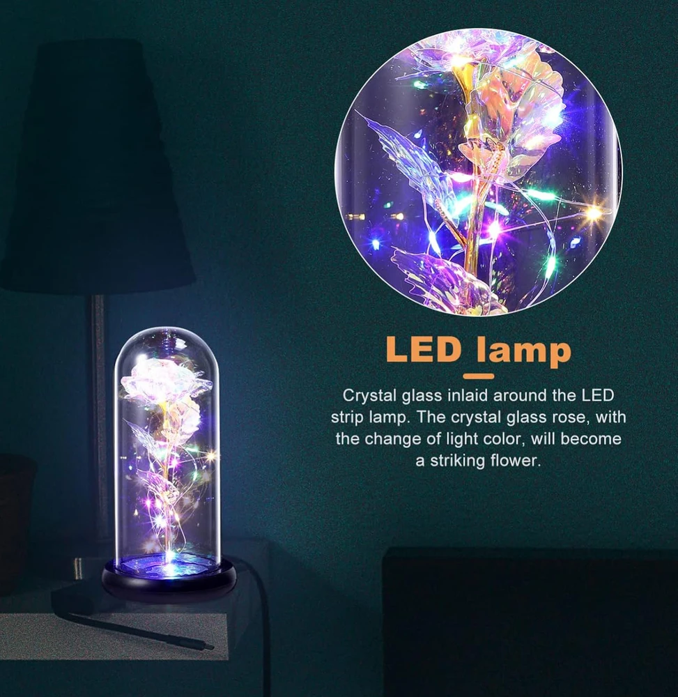 LED rožės gėlė, rožė stiklo kupole, dekoratyvinė balta rožė su švieselėmis, šviečianti rožė, rožė po stiklu, rožė kupole