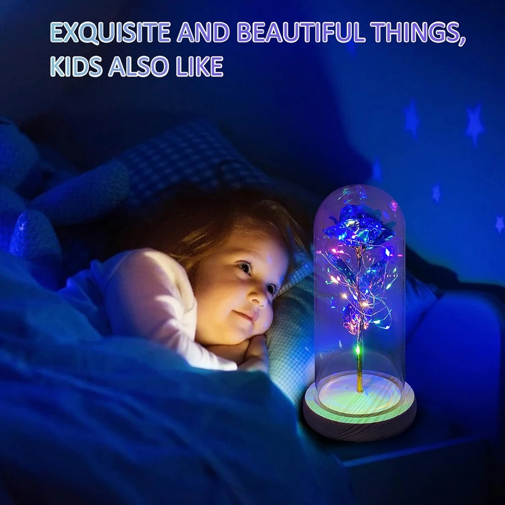 LED rožės gėlė, rožė stiklo kupole, dekoratyvinė mėlyna rožė su šviesele, LED rožė stiklo gaubte, mėlyna rožė kupole, šviečianti rožė po gaubtu