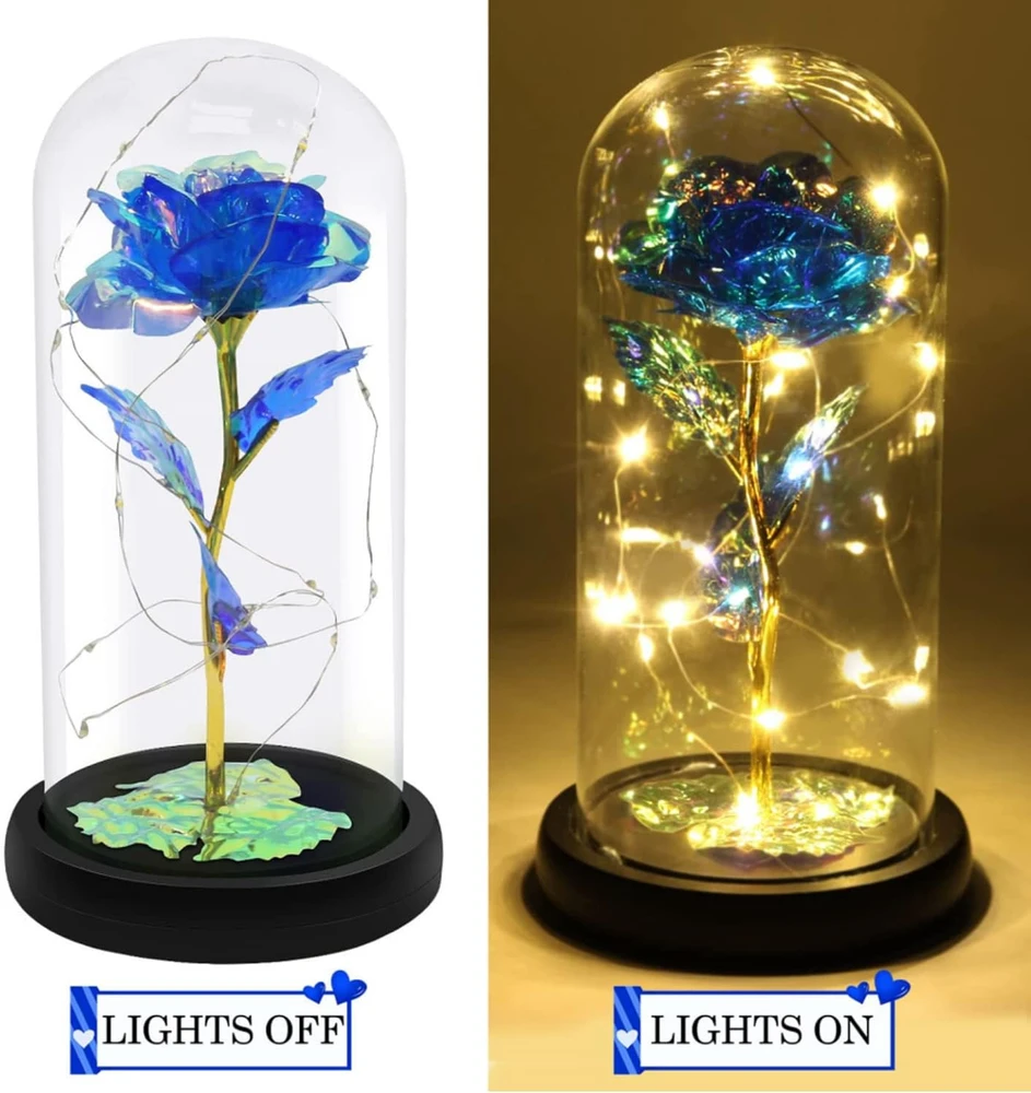 LED rožės gėlė, rožė stiklo kupole, dekoratyvinė mėlyna rožė su šviesele, LED rožė stiklo gaubte, mėlyna rožė kupole, šviečianti rožė po gaubtu
