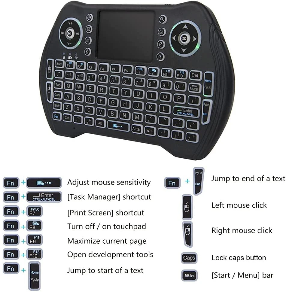 Mini belaidė klaviatūra su RGB LED, klaviatūra su jutikliniu kilimėliu, mini klaviatūra su lietimui jautriu kilimėliu, kompaktiška belaidė klaviatūra su jutikliniu kilimėliu