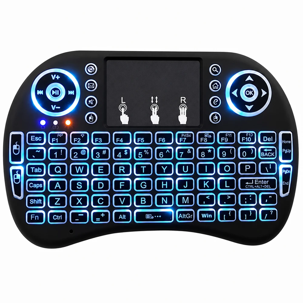 Mini belaidė klaviatūra su RGB LED, klaviatūra su jutikliniu kilimėliu, mini klaviatūra su lietimui jautriu kilimėliu, kompaktiška belaidė klaviatūra su jutikliniu kilimėliu