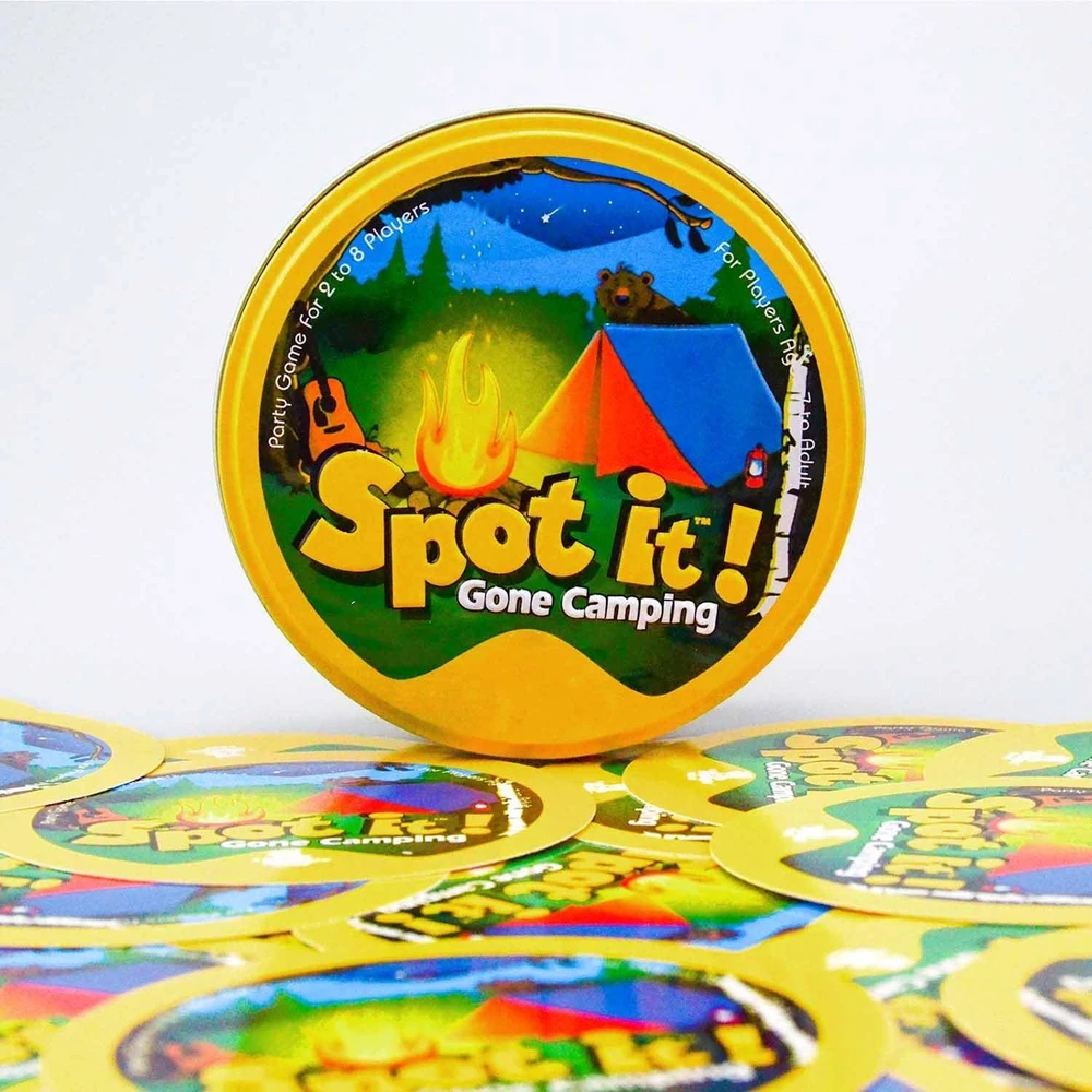 Nešiojamas „Spot It“ kortų žaidimas „Fun Gone Camping“ leidimas, 55 apvalios kortos, kelioninio dydžio šeimos vakarėlių žaidimas, stalo žaidimas, kortelių žaidimas, kelioninis žaidimas