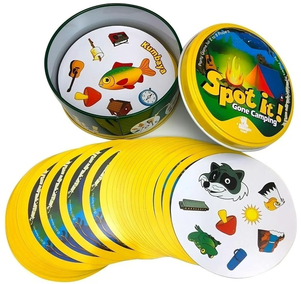 Nešiojamas „Spot It“ kortų žaidimas „Fun Gone Camping“ leidimas, 55 apvalios kortos, kelioninio dydžio šeimos vakarėlių žaidimas, stalo žaidimas, kortelių žaidimas, kelioninis žaidimas