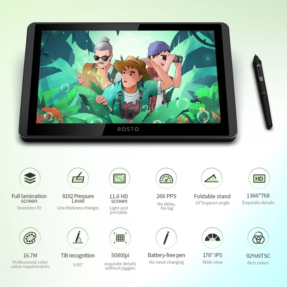 Piešimo planšetė su ekranu, grafinė planšetė Bosto, grafikos planšetės monitorius 11,6", piešimo planšetė Bosto, grafinė planšetė su ekranu 11,6"