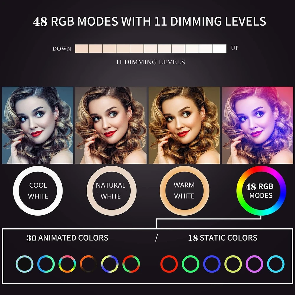RGB žiedinė lempa 26 cm su telefono laikikliu, LED žiedas, žiedinė RGB lempa, žiedinė LED lempa, telefono laikiklio žiedinė lempa