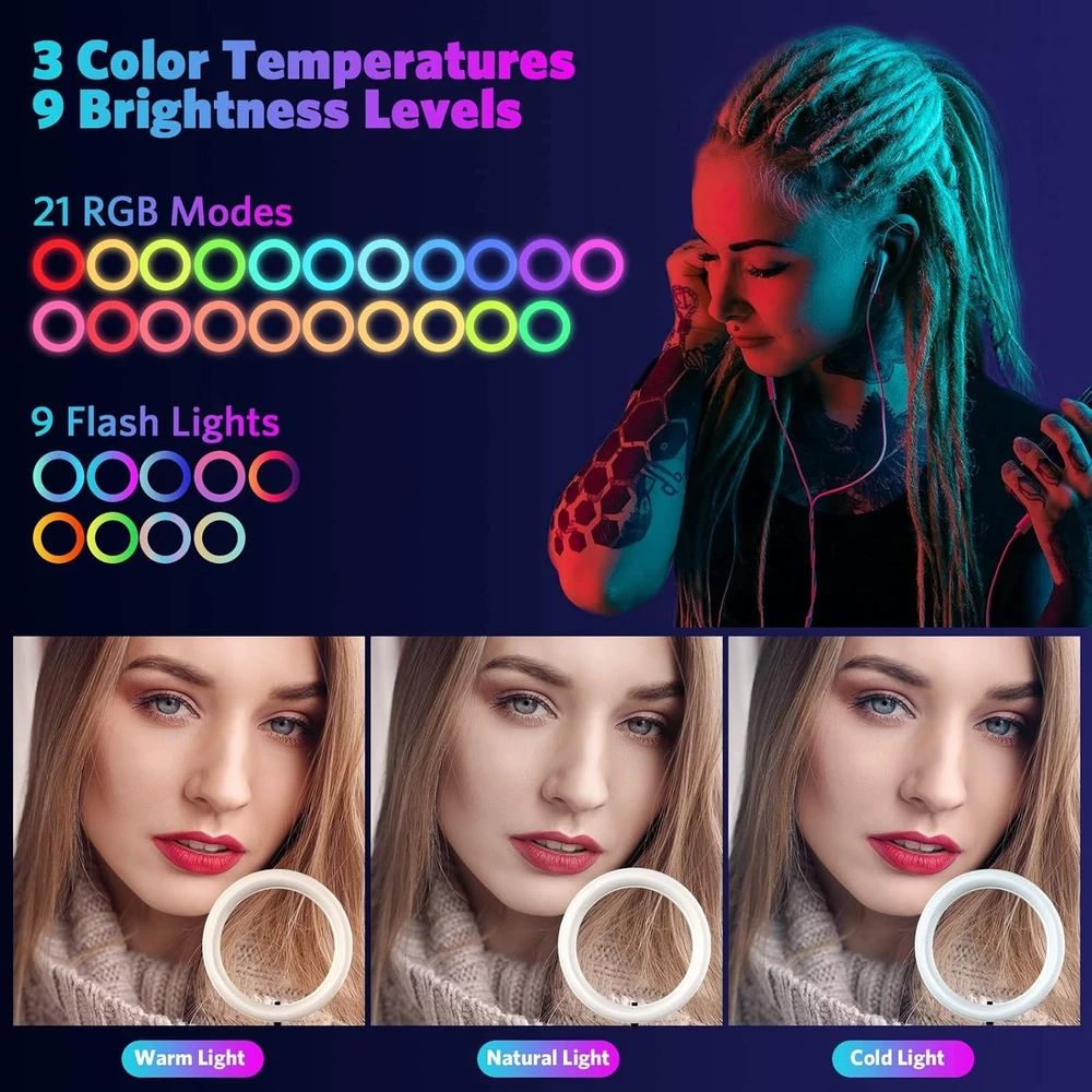 RGB žiedinė lempa su trikoju stovu, 242 cm telefono laikiklio žiedinė lempa, žiedinis šviestuvas, žiedinė šviesa su stovu, žiedinė lempa telefonui