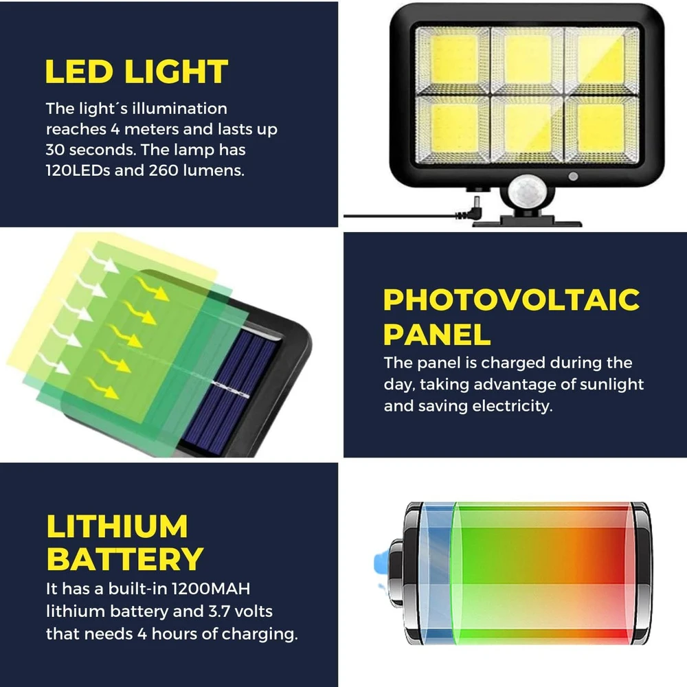 Saulės LED apsauginis šviestuvas, saulės judesio jutiklio šviestuvas, lempa su saulės baterija, 120 LED, saulės LED lauko lempa, saulės LED prožektorius, saulės LED šviestuvas su judesio jutikliu