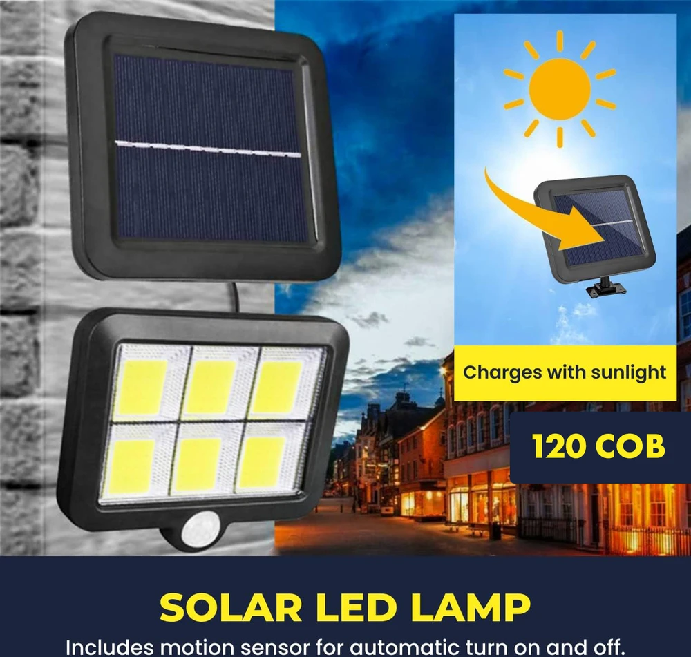 Saulės LED apsauginis šviestuvas, saulės judesio jutiklio šviestuvas, lempa su saulės baterija, 120 LED, saulės LED lauko lempa, saulės LED prožektorius, saulės LED šviestuvas su judesio jutikliu