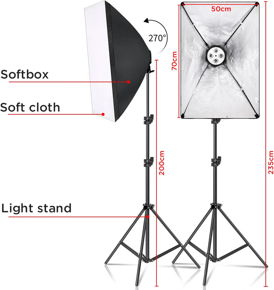 Softbox apšvietimo rinkinys 235 cm, softbox šviesa 2 vnt./komplektas, studijinis apšvietimo rinkinys, softboksų rinkinys, softbox lempos komplektas, studijinės šviesos rinkinys