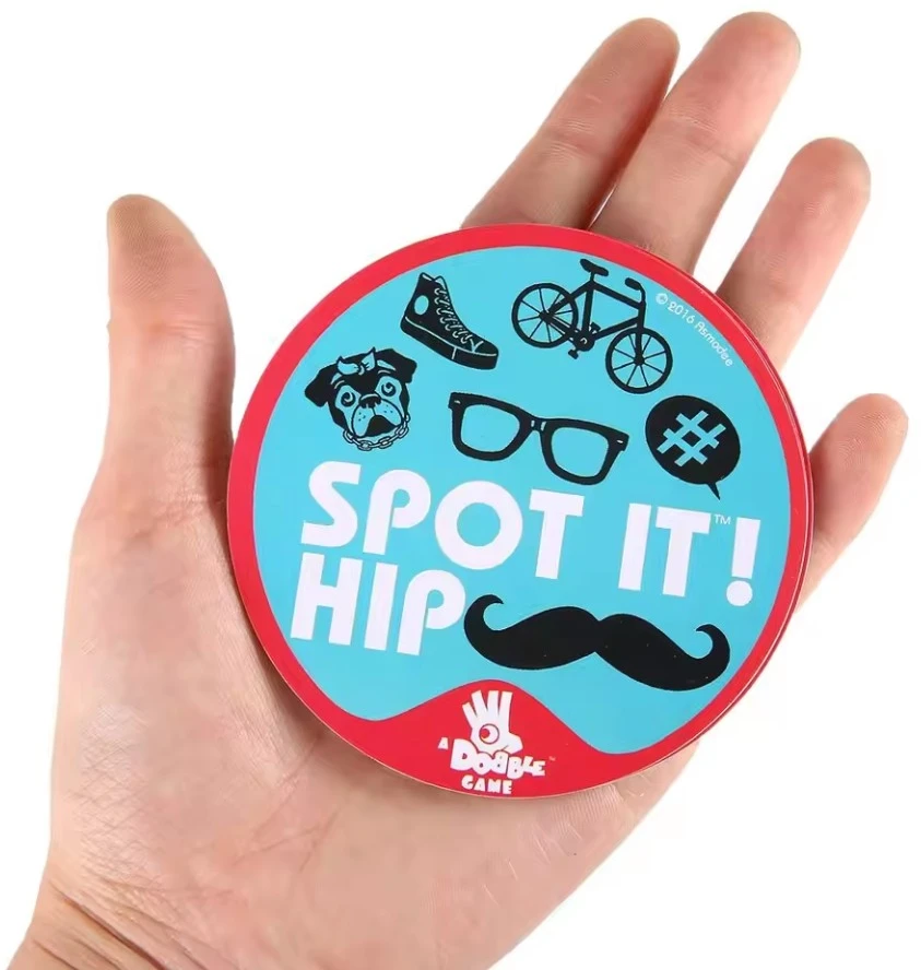 „Spot it“ kortų atitikimo žaidimas su 55 kortomis, nešiojamas metalinis dėklas, šeimos linksmybės, greitas stebėjimo ir reakcijos vakarėlio žaidimas, kortų žaidimas, kortelių žaidimas, stebėjimo žaidimas, reakcijos žaidimas