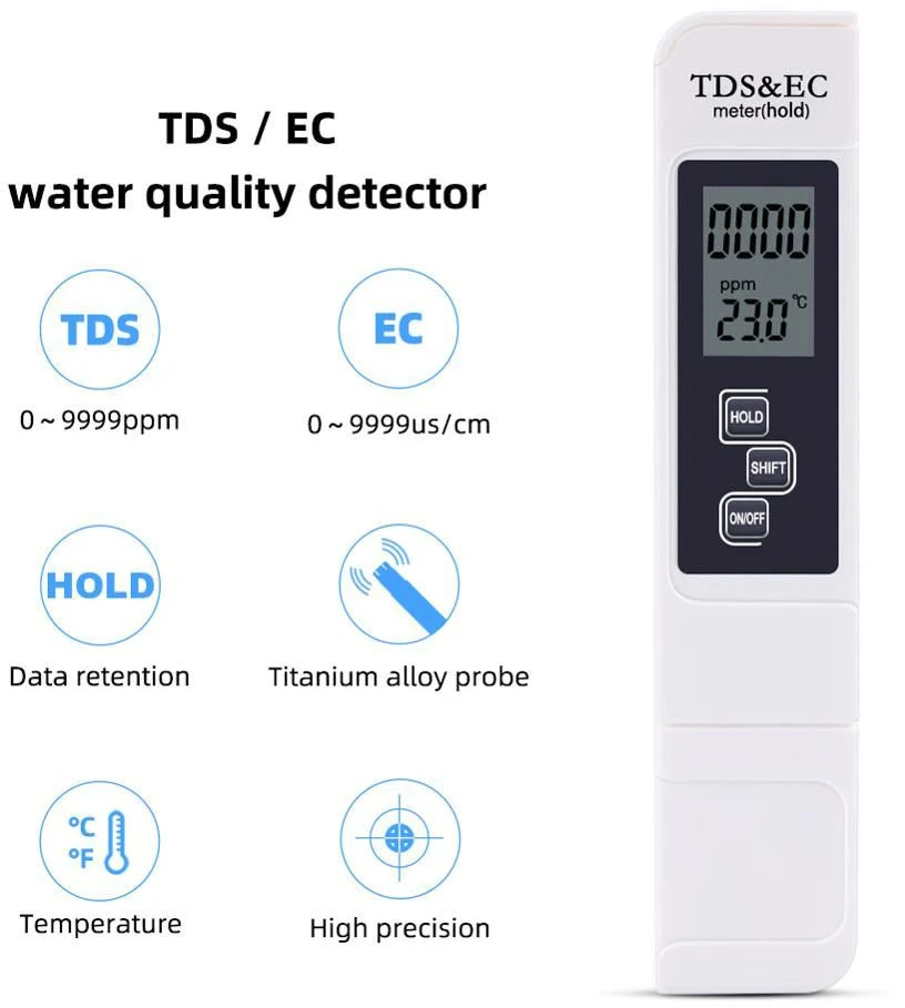 TDS matuoklis, vandens kokybės testeris, EC matuoklis, TDS testeris, vandens TDS ir EC matuoklis, ištirpusių dalelių matuoklis, elektrinio laidumo vandens matuoklis
