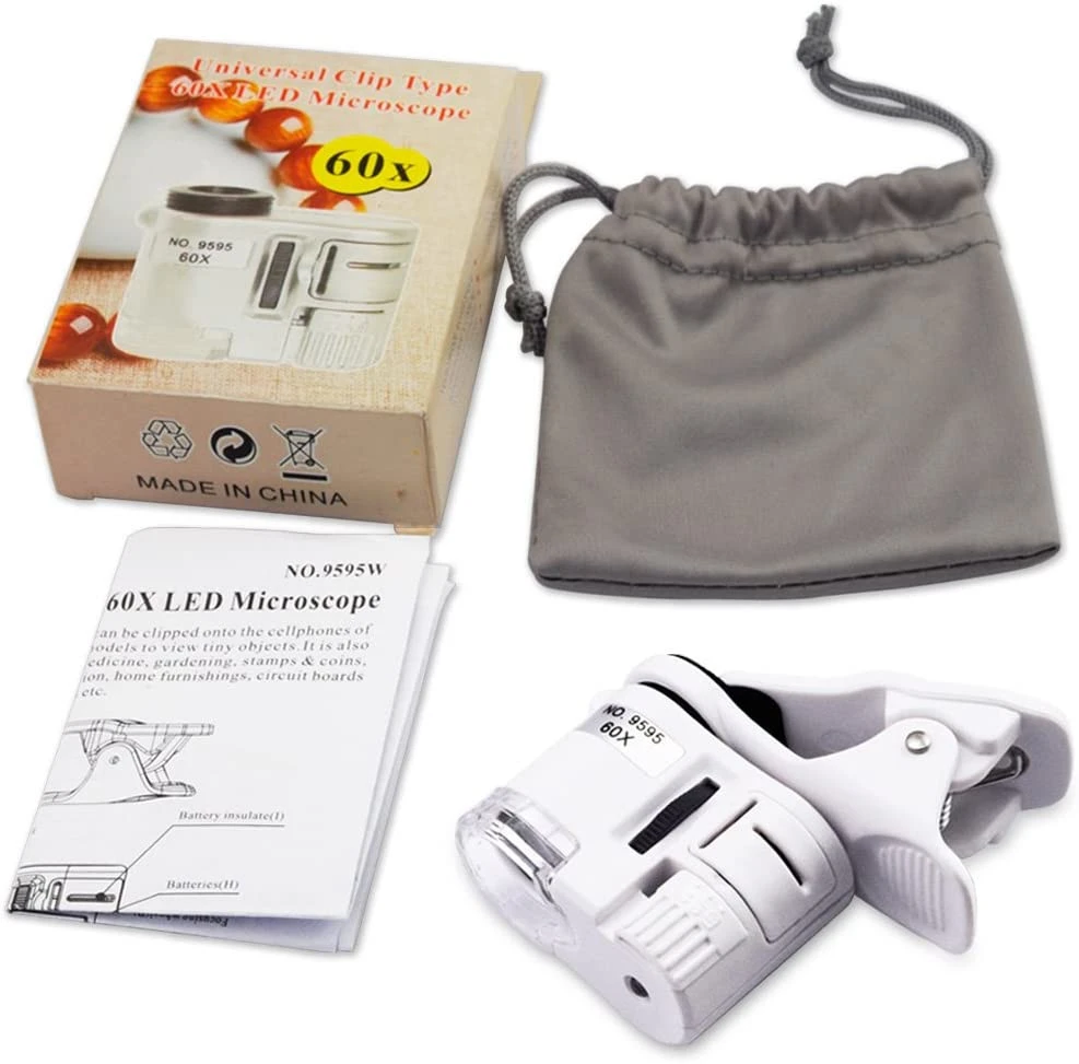 Telefono mikroskopas 60x telefono objektyvas su LED UV šviesa, telefoninis mikroskopas 60x, išmaniojo telefono mikroskopo objektyvas, 60 kartų telefono lupa, telefono lęšis su LED ir UV apšvietimu