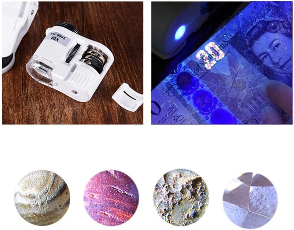 Telefono mikroskopas 60x telefono objektyvas su LED UV šviesa, telefoninis mikroskopas 60x, išmaniojo telefono mikroskopo objektyvas, 60 kartų telefono lupa, telefono lęšis su LED ir UV apšvietimu