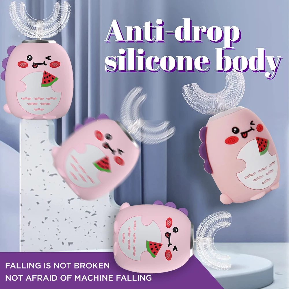 U formos rožinis dantų šepetėlis vaikams, vaikų silikoninis elektrinis dantų šepetėlis, U formos elektrinis dantų šepetėlis vaikams, rožinis vaikų dantų šepetėlis, silikoninis vaikų dantų šepetėlis