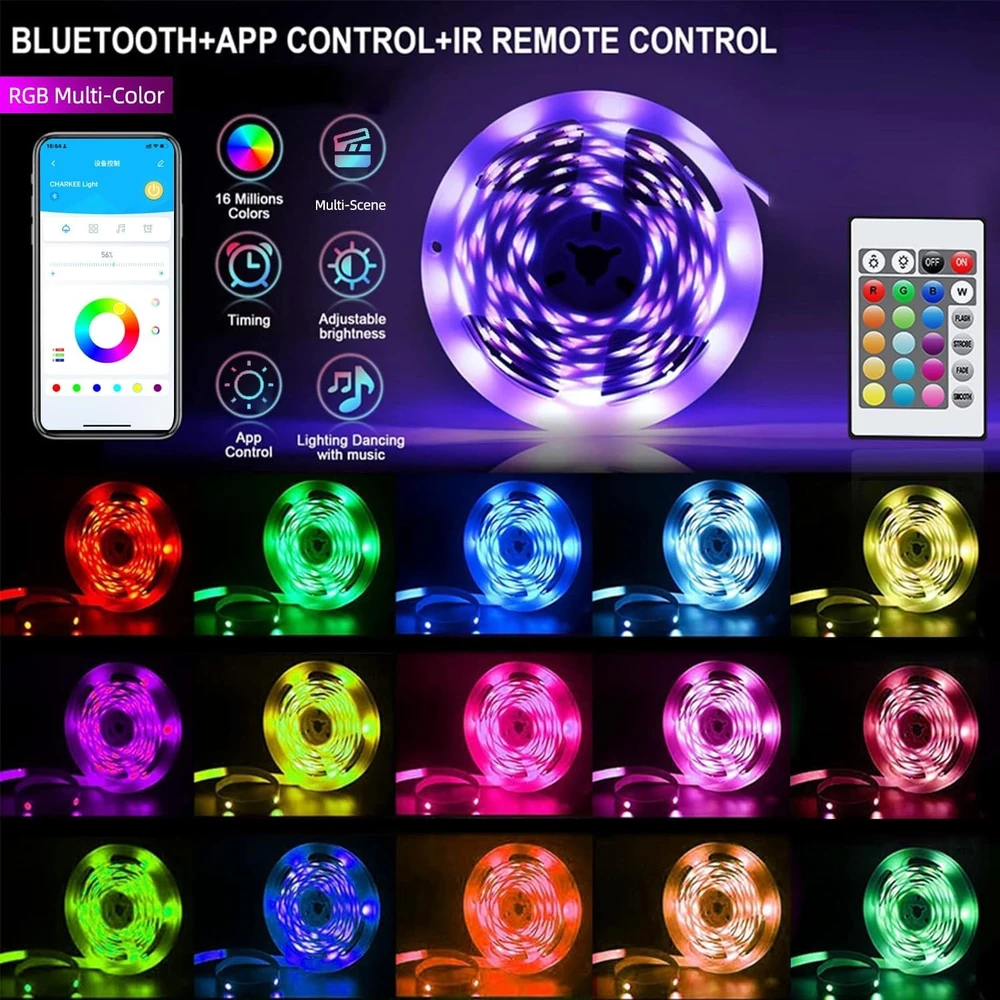 USB RGB LED juosta su „Bluetooth“, 10 m, USB RGB šviesos juosta, LED lemputės juosta, LED apšvietimo juosta