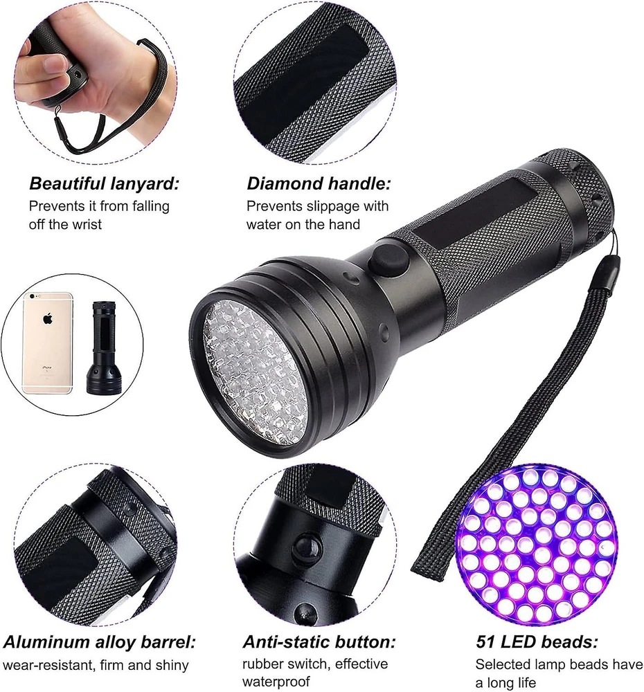 UV žibintuvėlis, 51 LED, ultravioletinis, UV lempa, ultravioletinis žibintuvėlis, UV LED žibintuvėlis